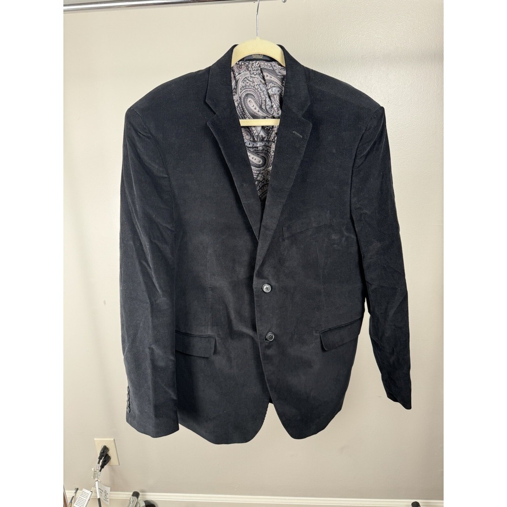 Adolfo Corduroy Blazer Sport Coat 46R Black Paisley Lined Pockets Elbow Patches